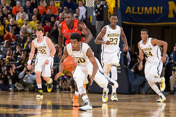 Ricky Doyle (32), Derrick Walton Jr. (10), Caris LeVert (23), and Aubrey Dawkins (24)