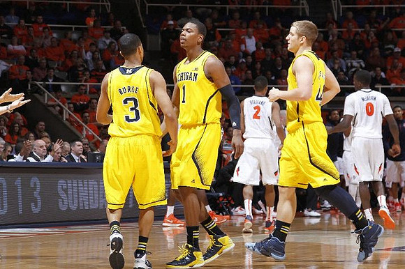 Trey Burke (3), Glenn Robinson III (1), and Max Bielfeldt (44)