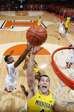 Mitch McGary (4), Glenn Robinson III (1), Tim Hardaway Jr. (10), and Trey Burke (3)
