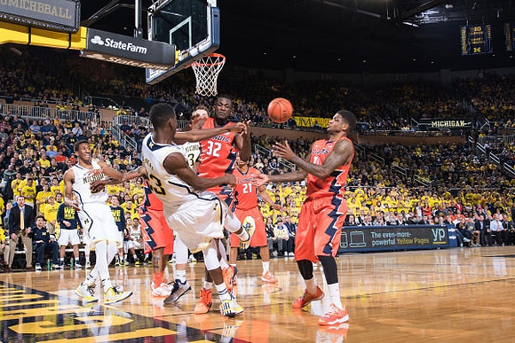 Aubrey Dawkins (24), Caris LeVert (23), and Mark Donnal (34)