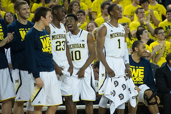 Max Bielfeldt (44), Andrew Dakich (5), Caris LeVert (23), Derrick Walton Jr. (10), Glenn Robinson III (1), and Jon Horford (15)