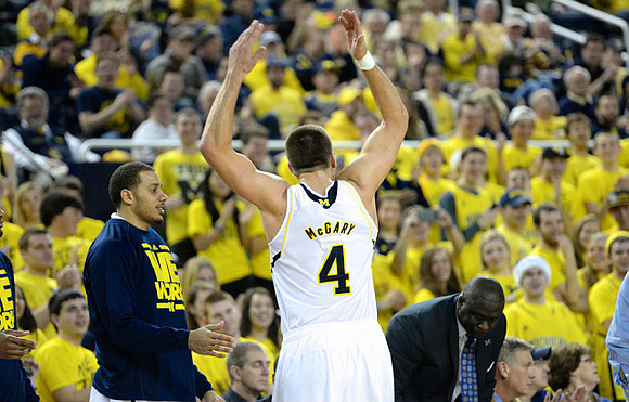 Jordan Morgan (52), Mitch McGary (4), Bacari Alexander, and Jeff Meyer