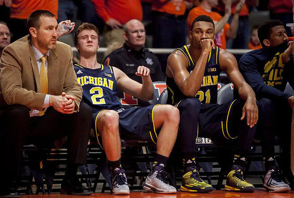 Spike Albrecht (2), Zak Irvin (21), and Kameron Chatman (3)