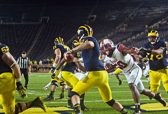 Mason Cole (52), Ben Braden (71), Justice Hayes (5), Shane Morris (7), and Erik Magnuson (78)