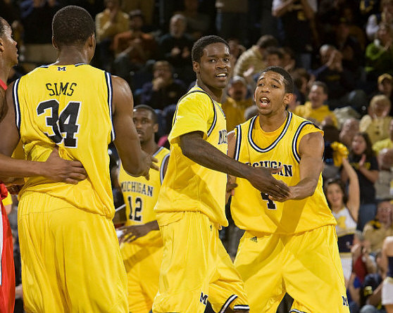 DeShawn Sims (34), Anthony Wright (12), Manny Harris (3), and Darius Morris (4)