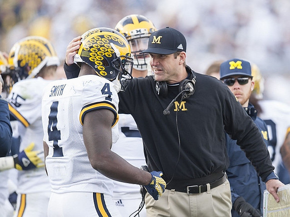 De'Veon Smith (4) and Jim Harbaugh