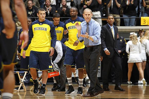 Josh Bartelstein (20), Colton Christian (45), Corey Person (32), John Beilein, and LaVall Jordan