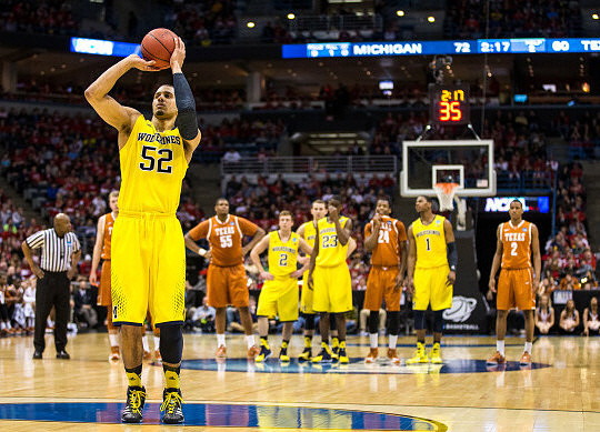 Jordan Morgan (52), Spike Albrecht (2), Nik Stauskas (11), Caris LeVert (23), and Glenn Robinson III (1)