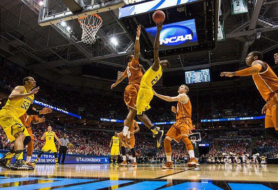 Jordan Morgan (52), Nik Stauskas (11), Derrick Walton Jr. (10), and Caris LeVert (23)