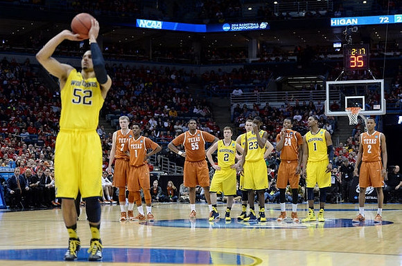 Jordan Morgan (52), Spike Albrecht (2), Nik Stauskas (11), Caris LeVert (23), and Glenn Robinson III (1)