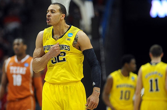 Jordan Morgan (52), Derrick Walton Jr. (10), and Nik Stauskas (11)