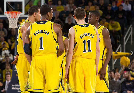 Jordan Morgan (52), Glenn Robinson III (1), Nik Stauskas (11), Caris LeVert (23), and Derrick Walton Jr. (10)