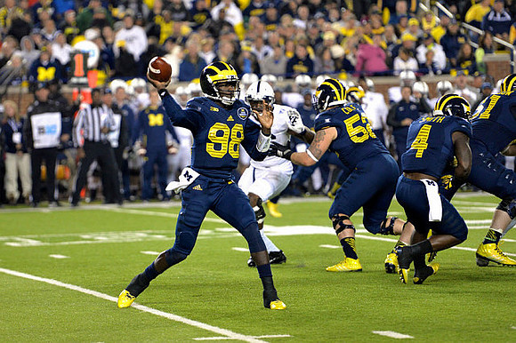 Devin Gardner (98), Mason Cole (52), De'Veon Smith (4), and Graham Glasgow (61)