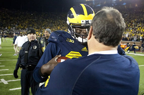 Devin Gardner (98) and Brady Hoke