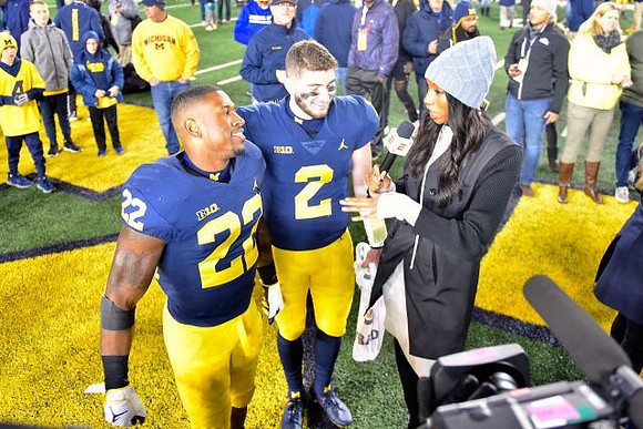 Karan Higdon (22) and Shea Patterson (2)