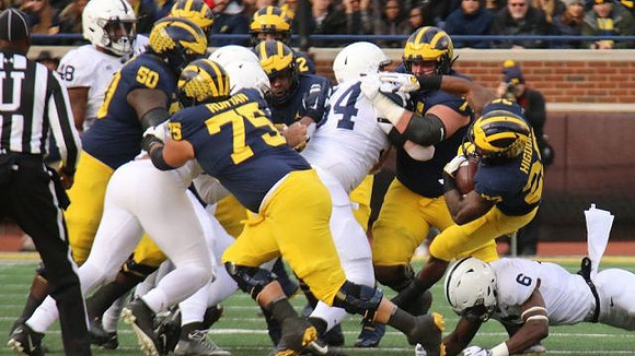 Michael Onwenu (50), Jon Runyan Jr. (75), Ben Bredeson (74), and Karan Higdon (22)
