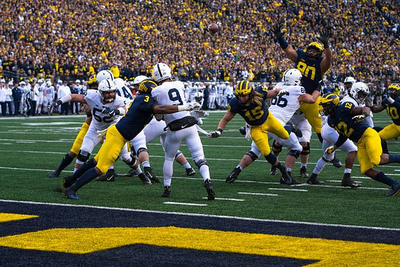 Rashan Gary (3), Chase Winovich (15), Bryan Mone (90), Josh Ross (12), and Devin Bush (10)