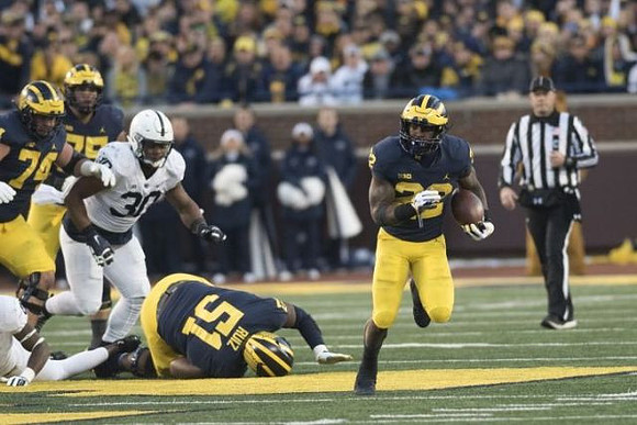 Ben Bredeson (74), Jon Runyan Jr. (75), Cesar Ruiz (51), and Karan Higdon (22)