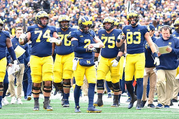 Ben Bredeson (74), Juwann Bushell-Beatty (76), Shea Patterson (2), Jon Runyan Jr. (75), Zach Gentry (83), and Ed Warinner
