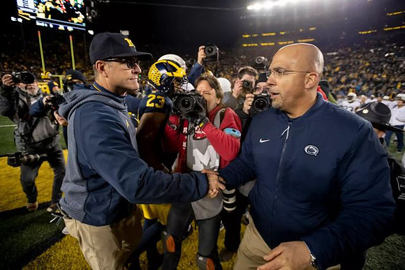 Jim Harbaugh, Tyree Kinnel (23), and Penn State Head Coach James Franklin