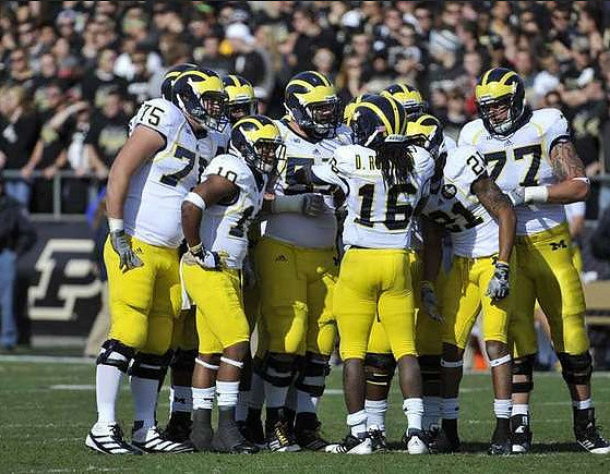 Michael Schofield (75), Jeremy Gallon (10), Elliott Mealer (57), Denard Robinson (16), Roy Roundtree (21), and Taylor Lewan (77)
