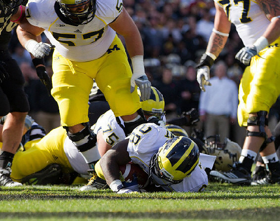 Fitzgerald Toussaint (28), Elliott Mealer (57), Michael Schofield (75), and Taylor Lewan (77)