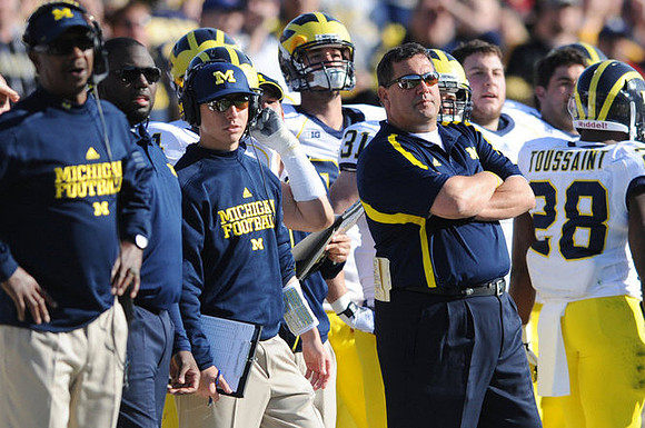 Fred Jackson, Brady Hoke, Paul Gyarmati (31), and Fitzgerald Toussaint (28)