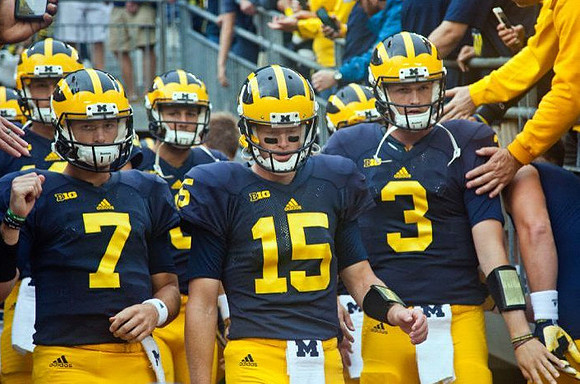 Shane Morris (7), Jake Rudock (15), and Wilton Speight (3)