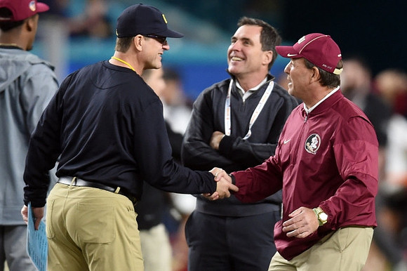 Jim Harbaugh and Florida State Head Coach Jimbo Fisher