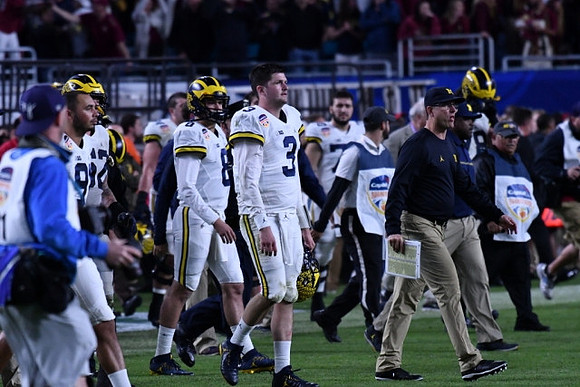 Kenny Allen (91), John O'Korn (8), Wilton Speight (3), and Jim Harbaugh