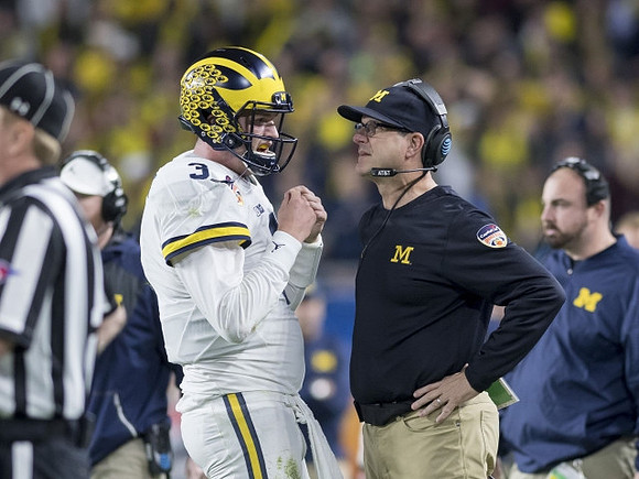 Wilton Speight (3), Jim Harbaugh, and Chris Partridge