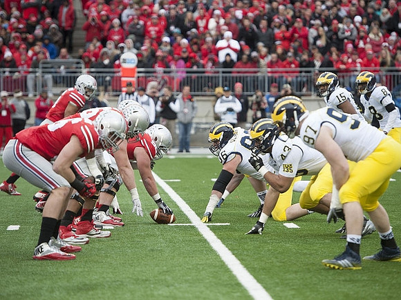 Ryan Glasgow (96), Chris Wormley (43), Brennen Beyer (97), James Ross (15), and Channing Stribling (8)