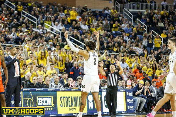 Juwan Howard, Isaiah Livers (2), and Franz Wagner (21)