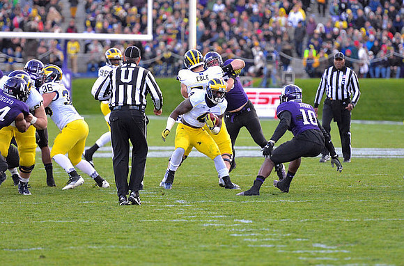 Jack Miller (60), Joe Kerridge (36), Devin Gardner (98), De'Veon Smith (4), and Mason Cole (52)