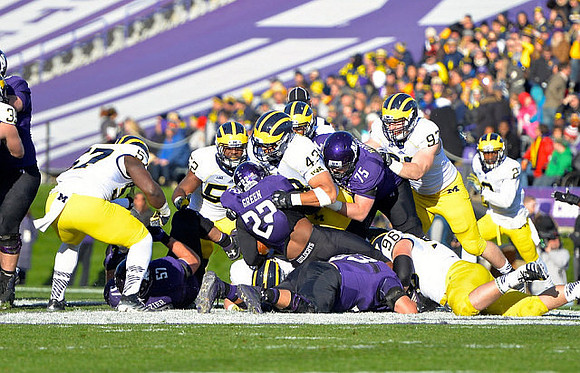 Frank Clark (57), Royce Jenkins-Stone (52), Chris Wormley (43), Ryan Glasgow (96), Brennen Beyer (97), and Blake Countess (2)