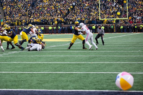 Cesar Ruiz (51), Jalen Mayfield (73), Ben Bredeson (74), Shea Patterson (2), and Jon Runyan Jr. (75)
