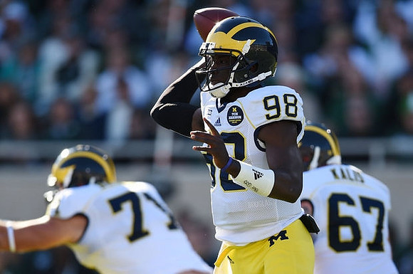 Ben Braden (71), Devin Gardner (98), and Kyle Kalis (67)