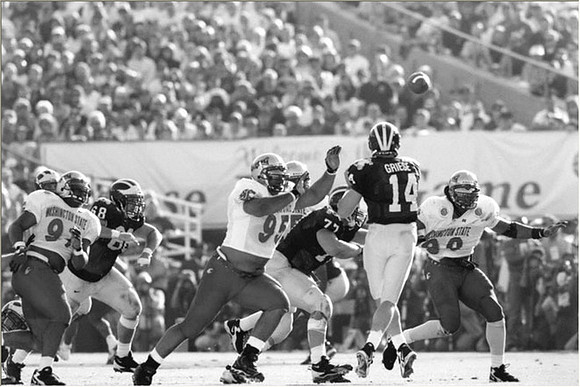 Brian Griese (14), Zach Adami (68), and Jon Jansen (77)