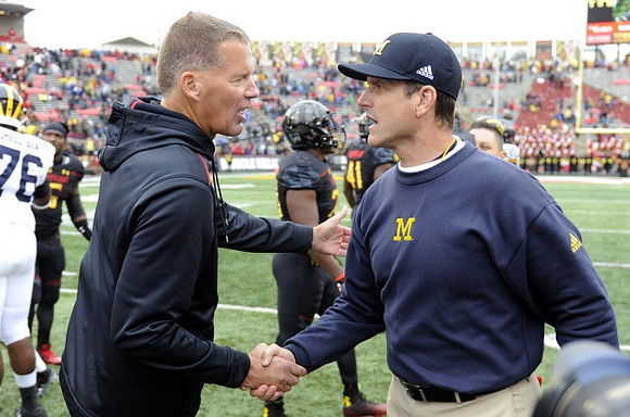 Maryland Head Coach Randy Edsall, Jim Harbaugh, and Juwann Bushell-Beatty (76)