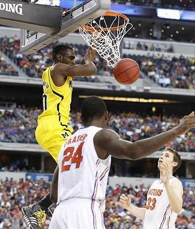 Jordan Morgan (52), Trey Burke (3), and Tim Hardaway Jr. (10)