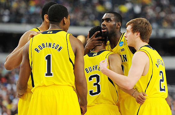 Glenn Robinson III (1), Trey Burke (3), Tim Hardaway Jr. (10), and Spike Albrecht (2)
