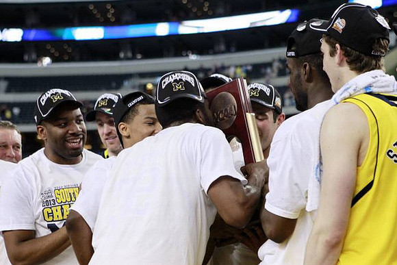 Eso Akunne (5), Trey Burke (3), Corey Person (32), Mitch McGary (4), Tim Hardaway Jr. (10), and Nik Stauskas (11)