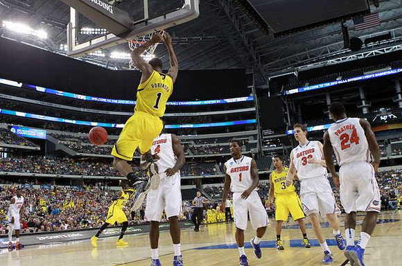 Glenn Robinson III (1), Tim Hardaway Jr. (10), and Trey Burke (3)