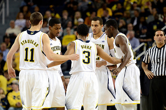 Nik Stauskas (11), Glenn Robinson III (1), Trey Burke (3), Jordan Morgan (52), and Tim Hardaway Jr. (10)