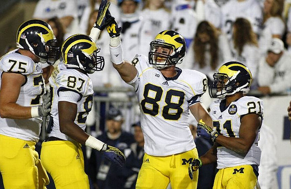 Michael Schofield (75), Devin Funchess (87), Jake Butt (88), and Jeremy Gallon (21)