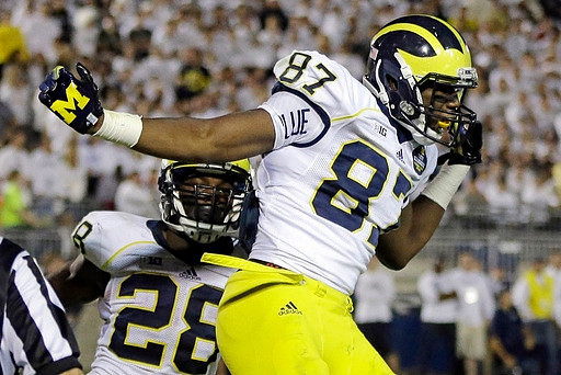 Fitzgerald Toussaint (28) and Devin Funchess (87)