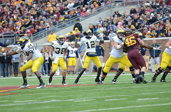 A.J. Williams (84), Thomas Rawls (38), Devin Gardner (12), and Michael Schofield (75)