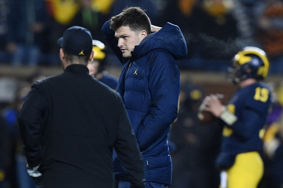 Jim Harbaugh, Wilton Speight (3), and Alex Malzone (15)