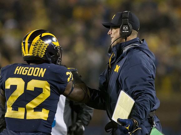 Karan Higdon (22) and Jim Harbaugh