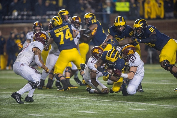 Ben Bredeson (74), Karan Higdon (22), Juwann Bushell-Beatty (76), Khalid Hill (80), and Cesar Ruiz (51)